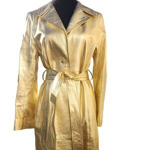 Luxury Designer Stylish Gold Real Genuine Leather Glamorous Jacket Coat Trench